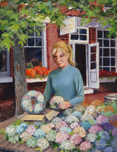 Acrylic Painting of a young woman making Hydranga wreaths on the main street of Nantucket. Painted from a photo taken on a trip with Roxanne.